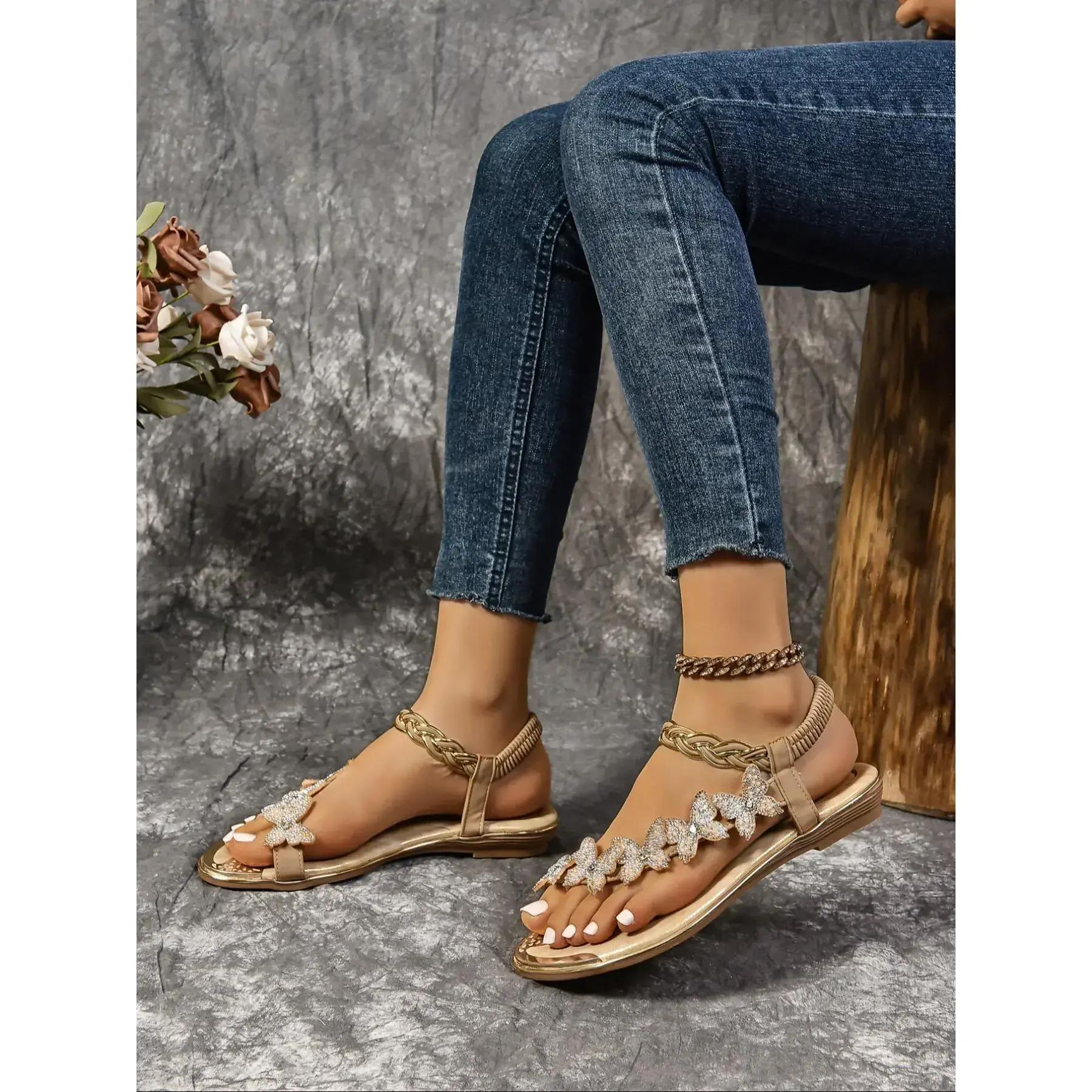 2026 New Summer Style Rhinestone Butterfly Transparent Flat Sandals, Fairy Style One-Strap Roman Slide Sandals    777