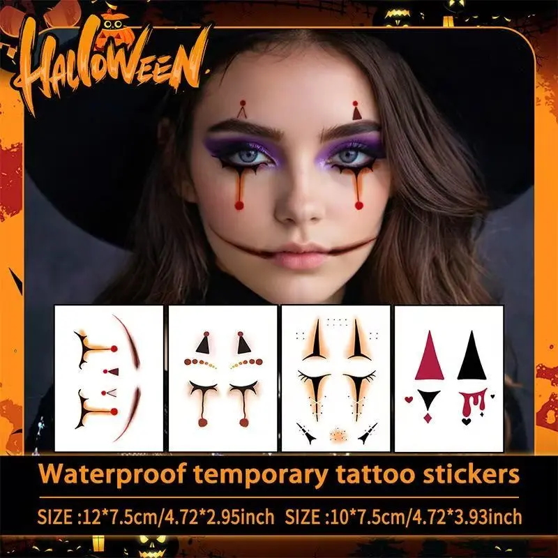 10Pcs Halloween Dark Geometric Clown Teardrop Face Stickers, Scary Realistic Makeup Temporary Tattoos for Cosplay Party Facial Decor