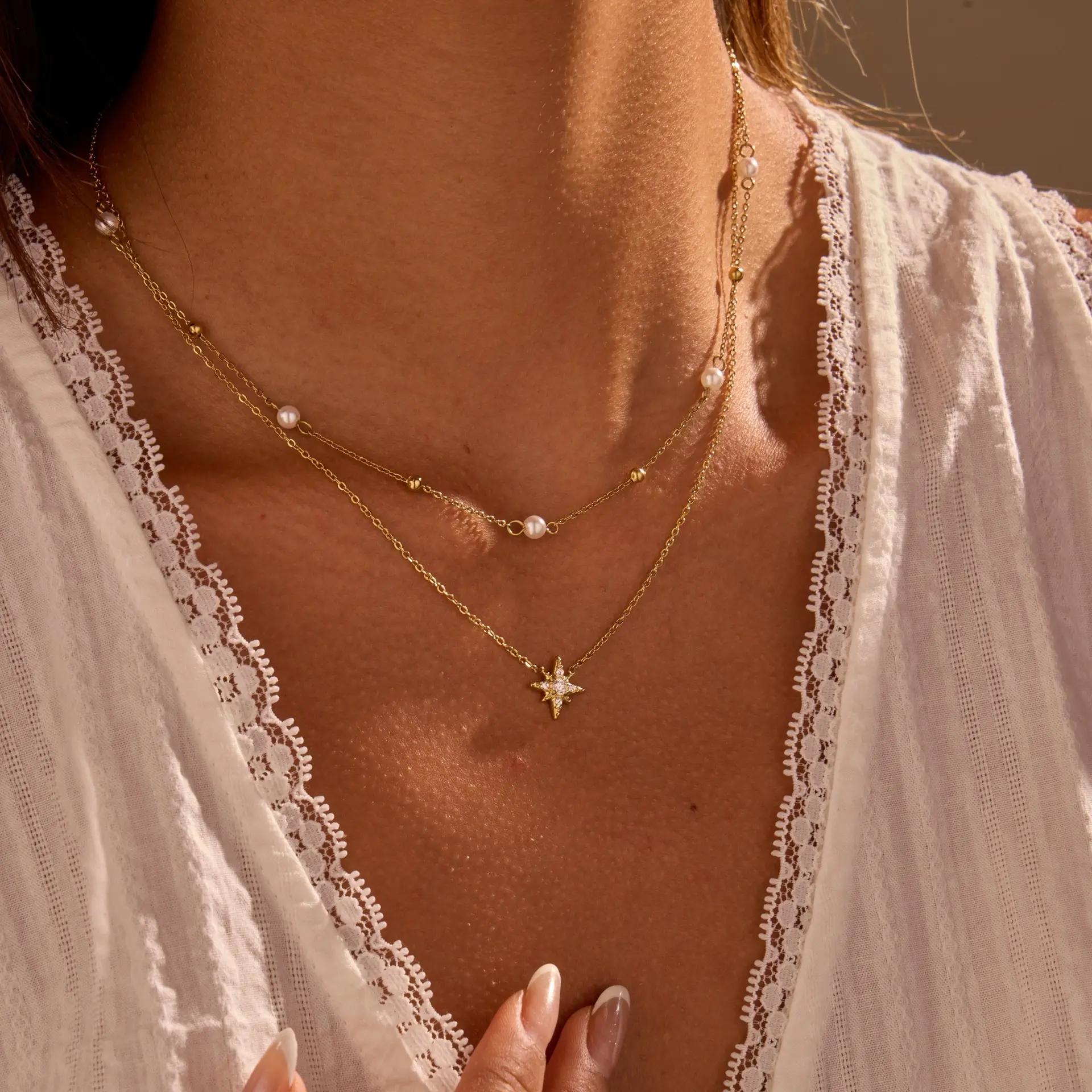 18K Gold-Plated Stainless Steel Double-Layer 6-Pointed Star Rhinestone Pearl Necklace, Instagram-Inspired Fashion Costume Jewelry