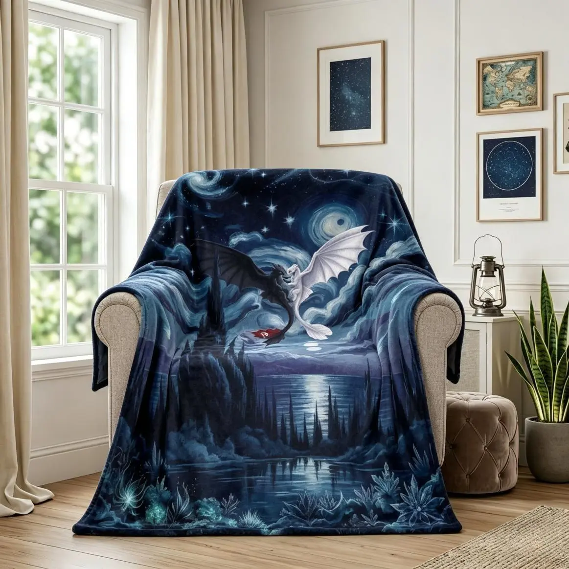 Mystical Night Sky Dragon Lovers Flannel Blanket For Adults And Children, Soft Cozy Warm Lightweight Bedding Throw, Galaxy Moon Star Print, Perfect For Bedroom Sofa Napping Camping, Romantic Holiday Gift