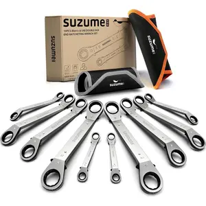 A Man's Tools SUZUME Offset Ratcheting Wrench Set, 10-Piece Metric & SAE (6–21mm, 1/4″–7/8″) Double Offset Reversible Box End, 25° for Tight Engine Bay Repairs, Rolling Pouch