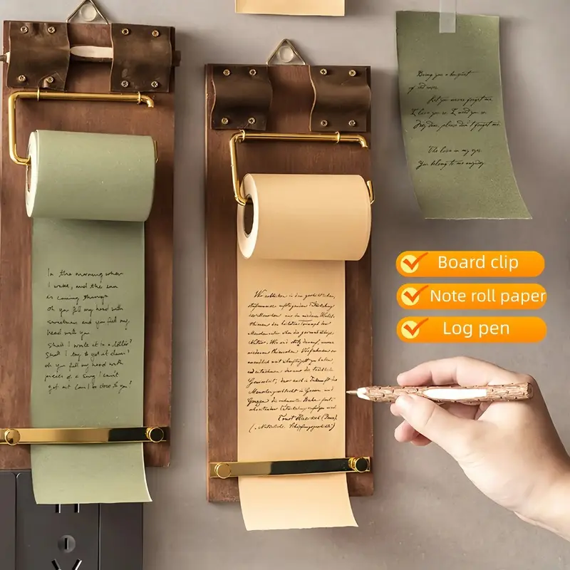Vintage Sticky Note Holder Board, Hanging Roll Paper Notes, Includes 1 Roll of Notes and 1 Wooden Pen, Non-Stick Wood Board Notebook, Office Stationery Supplies, Home Office Desk Accessories