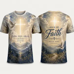 Unisex Christian All‑Over‑Print T‑Shirt, Front Cross with Dove, Mountain Lake Scenery with Words Faith Hope Grace God Is Good All The Time, Back Large Cross and Bible Verse Walk by Faith Not by Sight (2 Corinthians 5:7), Serene Nature‑Style Faith‑Inspired