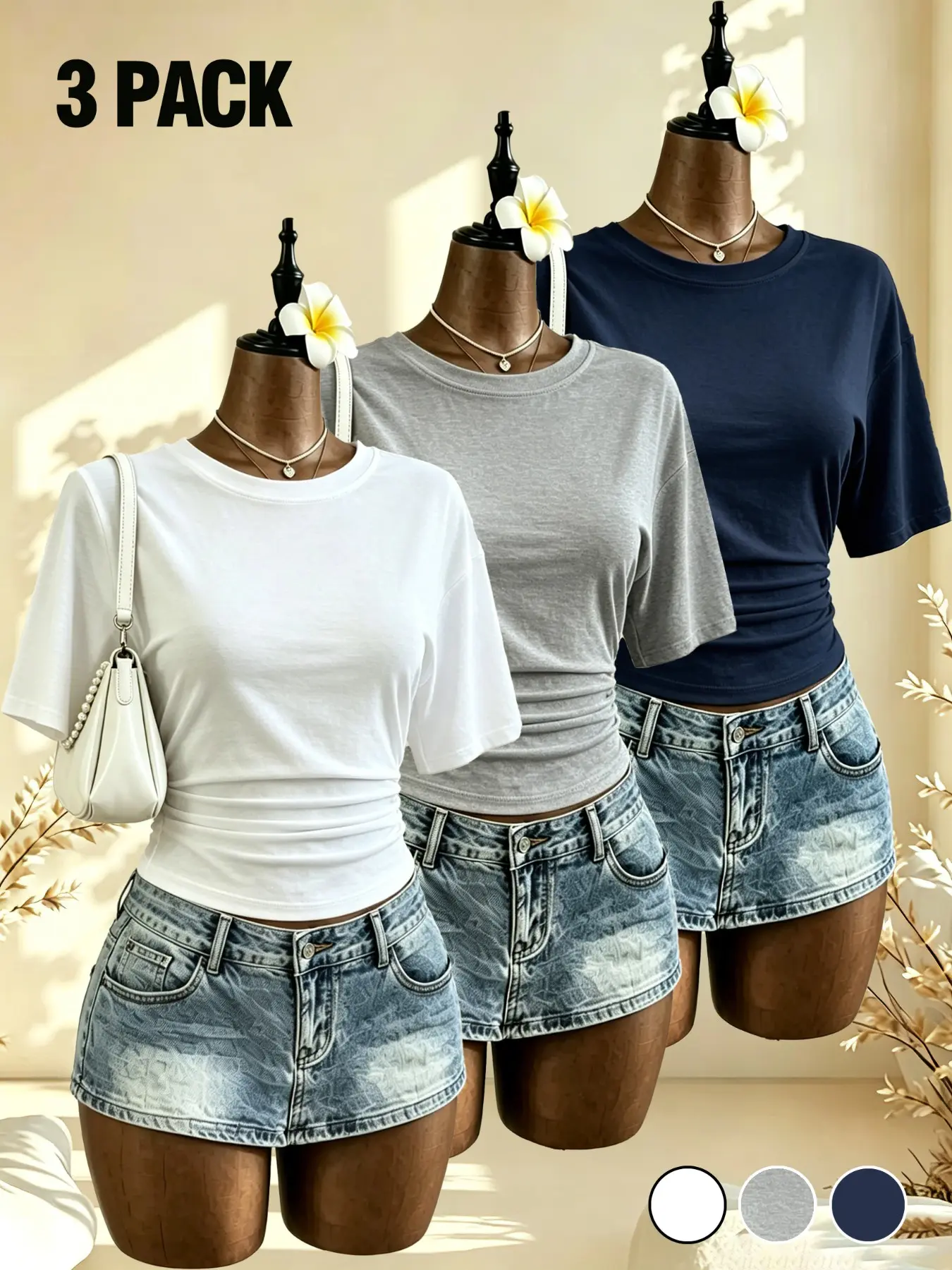 Women's 3-Pack Pleated Waist Short T-Shirt, Y2K Trendy Comfortable Breathable Basic Summer Top, Slim-Fitting Casual Wear for Daily Outing