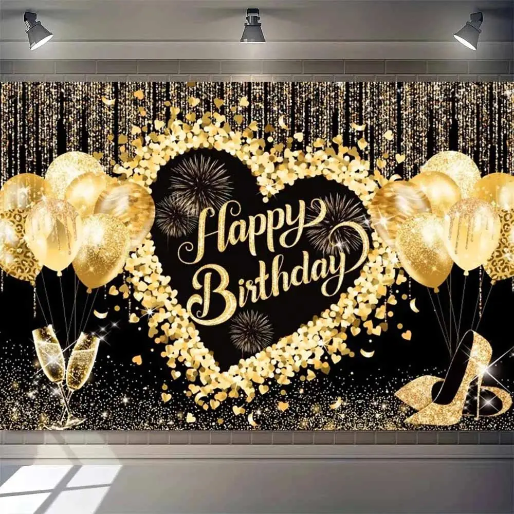 Black Gold Adult Birthday Backdrop Background Cloth, Glitter Balloon Tapestry Wall Hanging Photography Background Premium Polyester Fabric, Luxury Party Decor, Birthday Celebration, Photo Booth Setup, Studio Background, Event Decoration