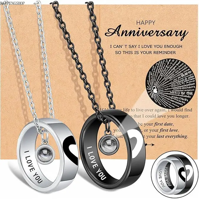 Couple's Projection Pendant Necklace Set, Titanium Steel Round Pendants with "Love You Forever" Engraving, Romantic Ring Style Matching Jewelry Gift