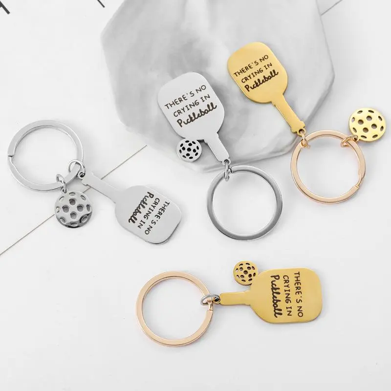 Funny Pickleball Sports Keychain "There's No Crying in Pickleball", Paddle & Ball Charm Pendant, Gift for Pickleball Court Players