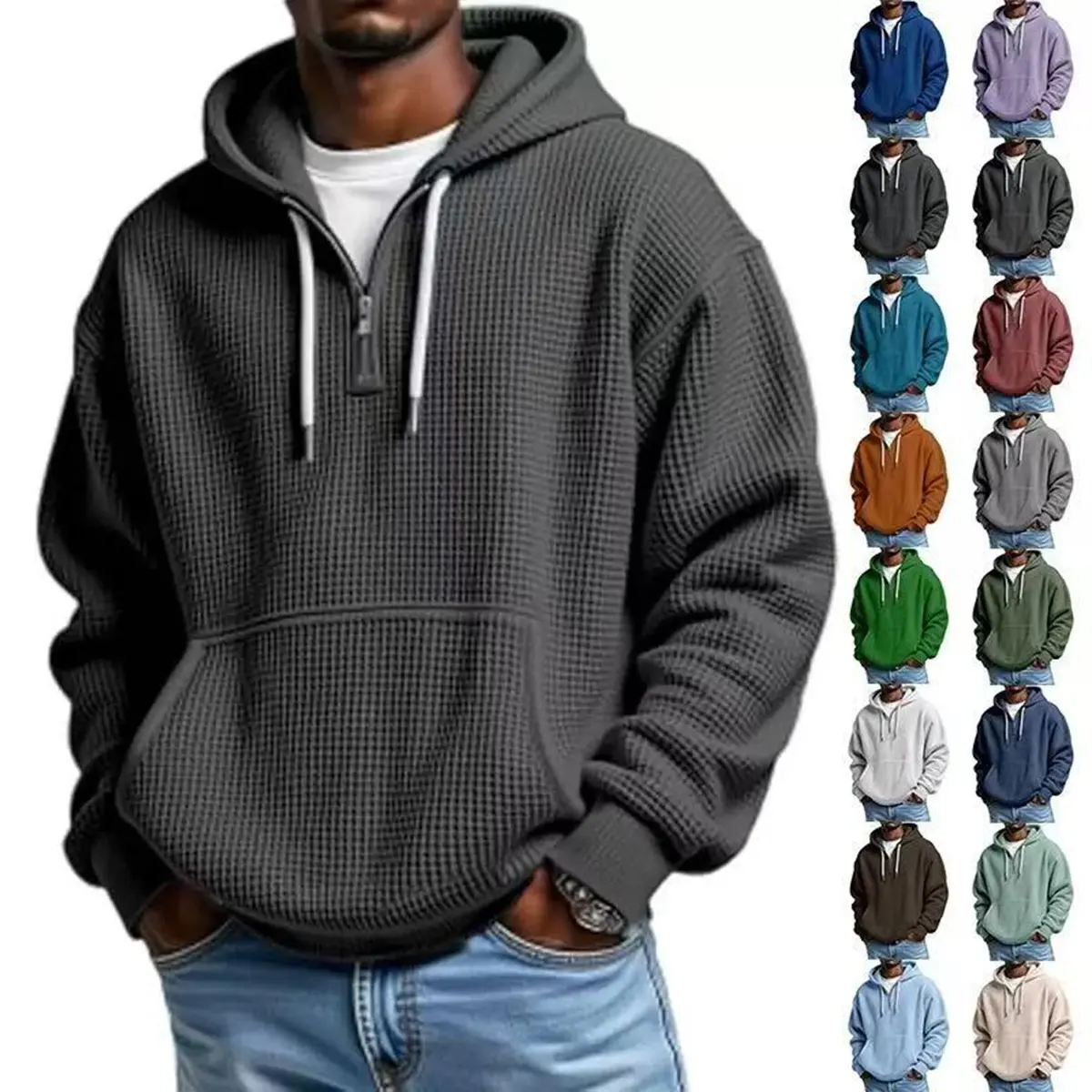 Waffle Knit Half‑Zip Men Hoodie, Heavyweight Cotton Drawstring Pullover, Kangaroo Pocket Casual Streetwear Sweatshirt