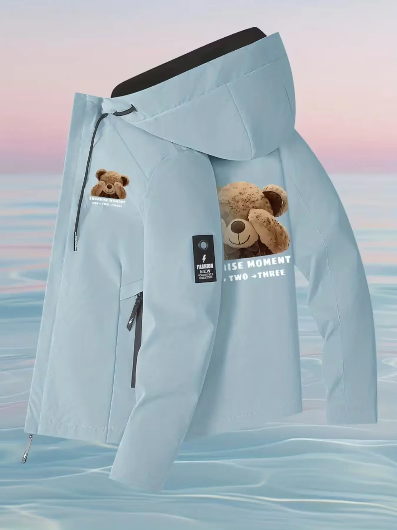 Women's Bear Print Hooded Jacket, Casual Slim-Fit Graphic Coat, Spring & Fall Fashion, Loose Workwear Outerwear, Windproof Parka