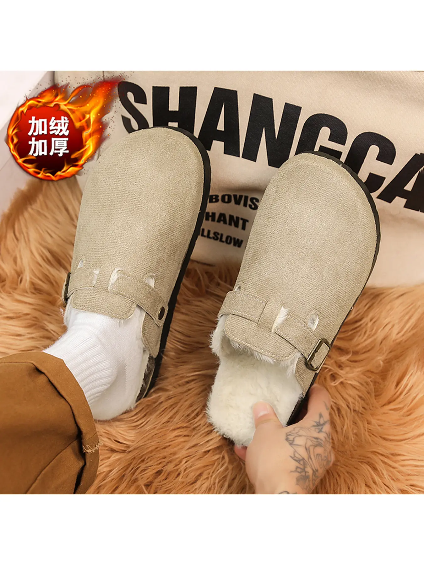 Women Fleece Lined Buckle Mule Clogs, Winter Warm Slip On Closed Toe Slippers Indoor Outdoor Cozy Fur Lined Slides