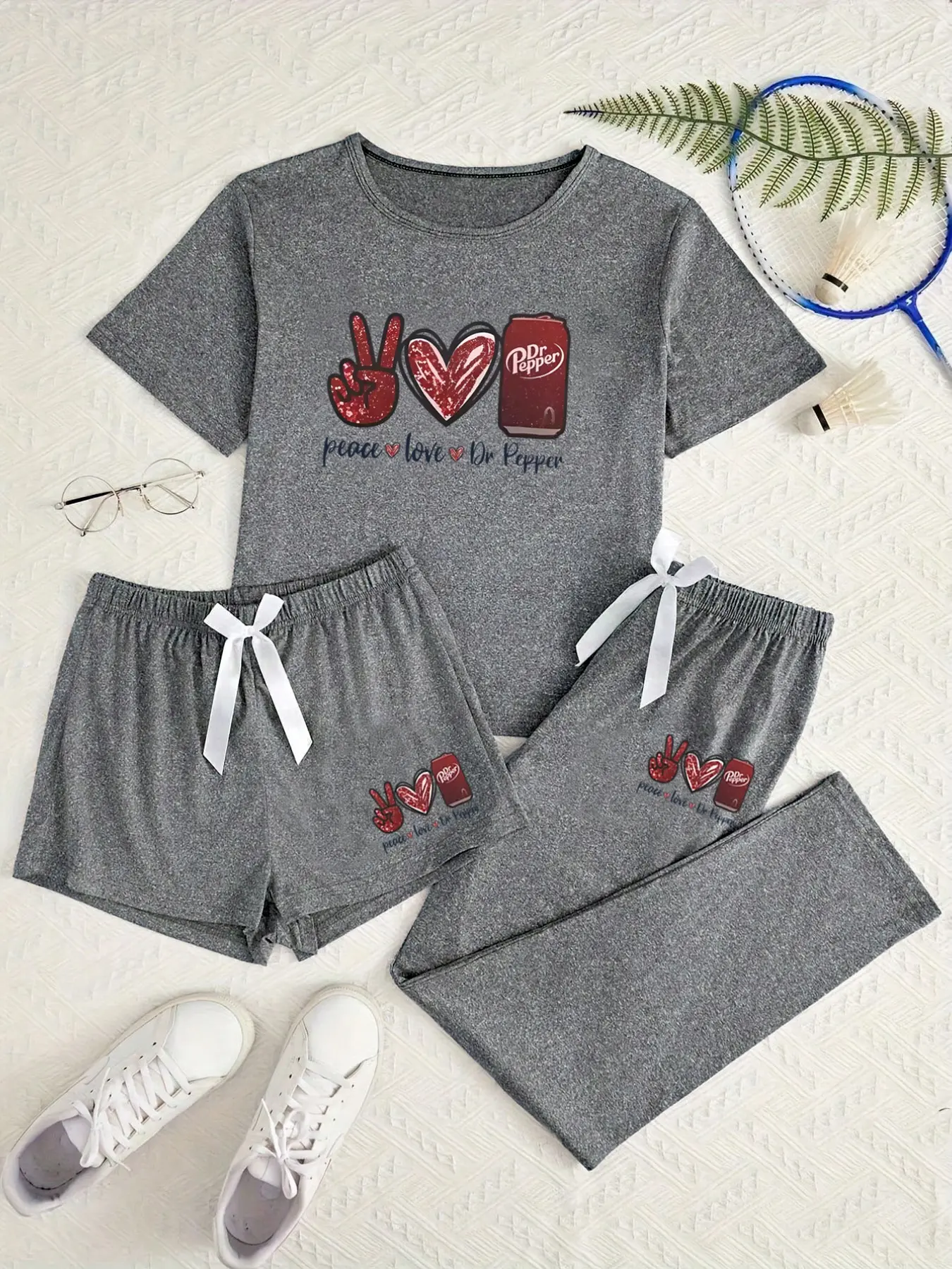 Women's Short Sleeve Pajama Set, Cartoon Print, Soft Knit Fabric, Bow Detail, All Seasons, Casual Home Wear, 3-Piece Sleepwear