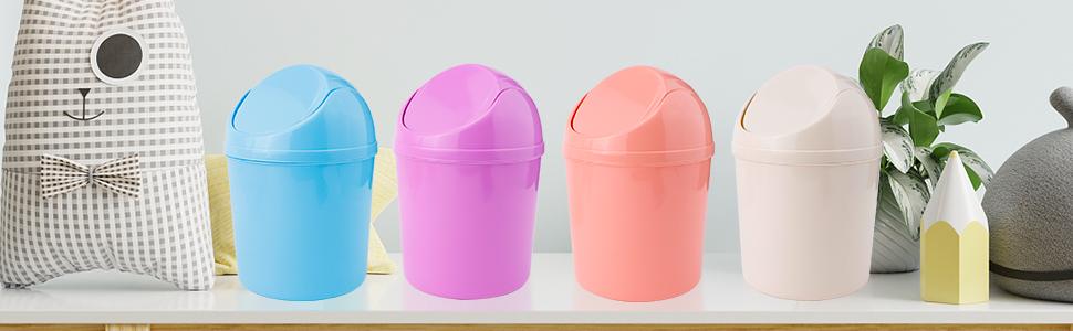SICANDAENHK Keep every corner clean and organized!This 2-pack mini plastic trash bins feature smooth swing lids to hide garbage, includes 120 extra trash bags for easy replacement, stylish blue plus purple colors fit any decor, ideal small desktop