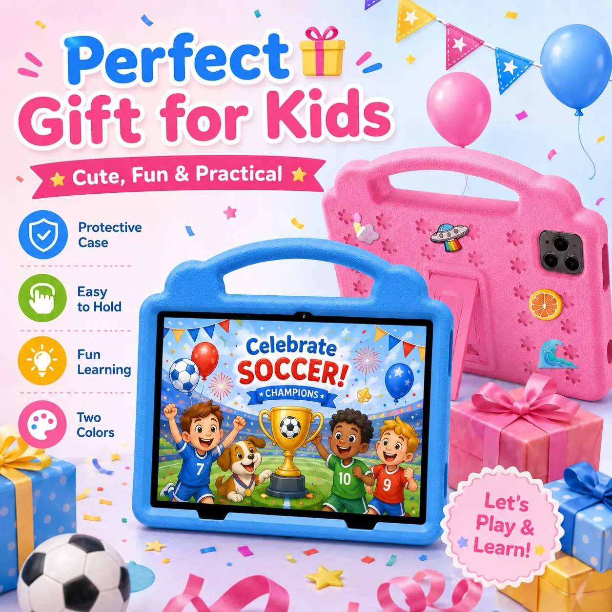 10.1 Inch Kids Tablet, 4GB RAM 64GB ROM, Android 12, Dual Camera, Kid-Proof Case with Handle, WiFi Learning Tablet for Toddlers