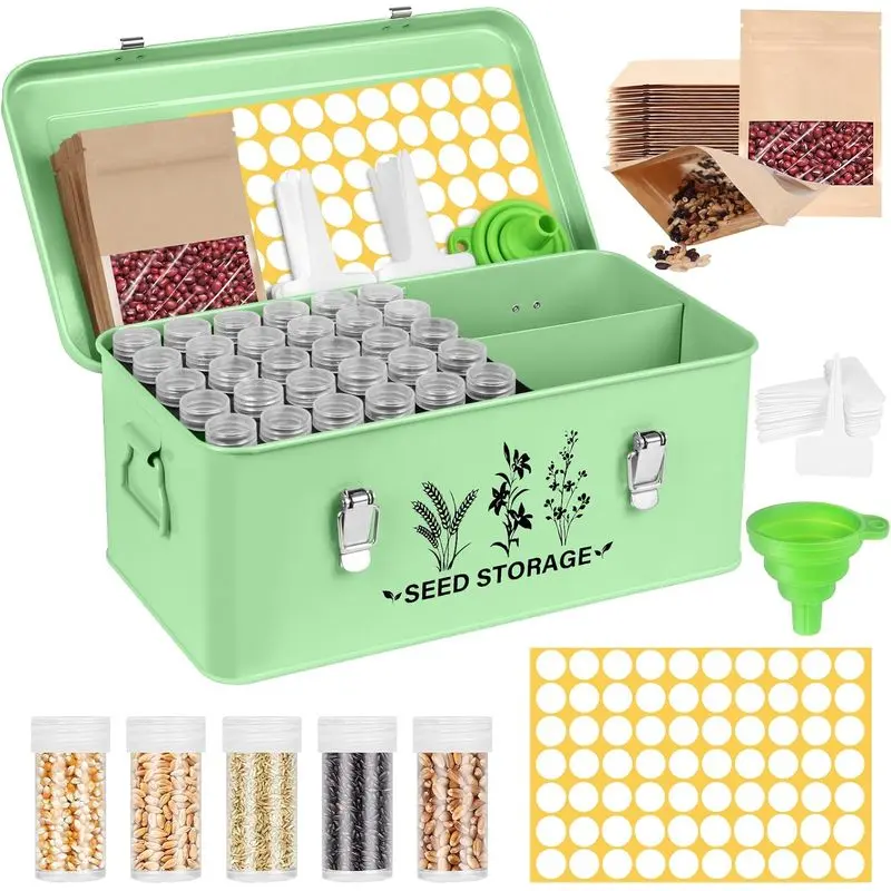 Seed Storage Box Organizer - Metal Garden Seed Storage Container Kit |   With 60 Vials, 30 Plant Tags, 20 Envelopes, Funnel & Labels - Moisture-Proof Seed Bank for Long Term Storage