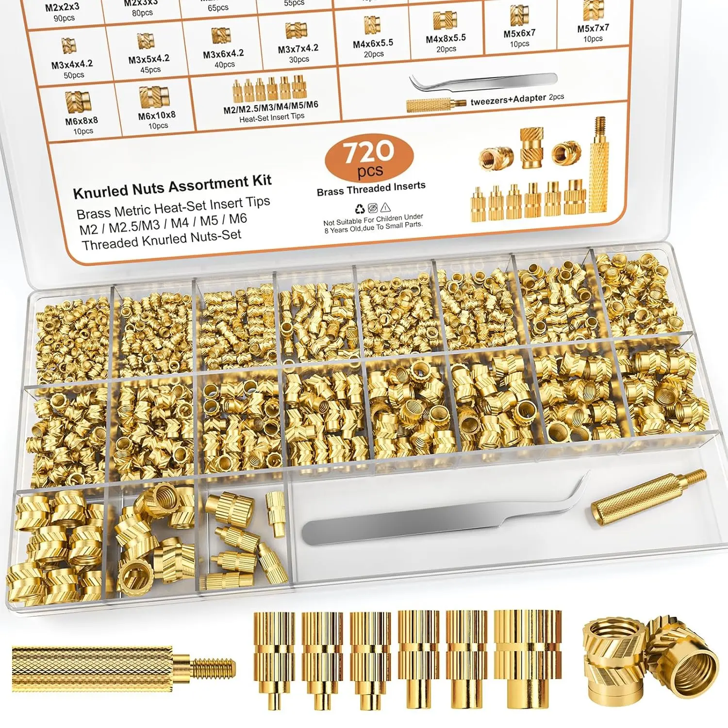 720-Count Heat Set Brass Threaded Inserts Kit - 6 Soldering Tips, Adapter, M2-M6 Metric Knurled Nuts, High-Durability Fasteners for Plastic, 3D Printing Components, Toys - Lighting & Tweezer Hardware Tools