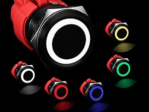 16MM Latching 12V Push Button Switch On Off,Waterproof with LED Light Power Button Switch for car，0.63" Mounting Hole with Wire Socket Plug Self-Locking(Ring Red LED/Black Shell