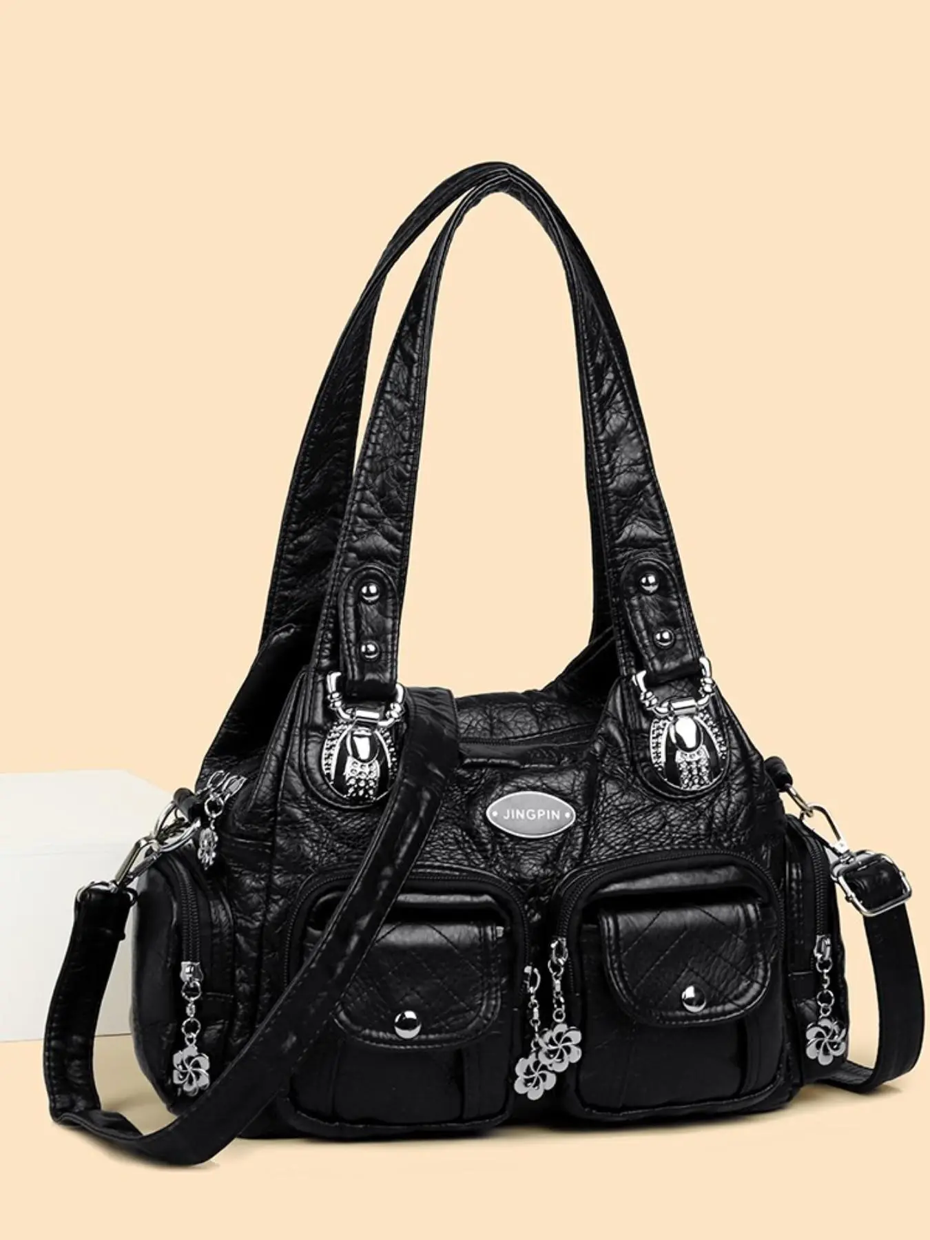 washed soft leather mom tote bag, rhinestone hardware convertible crossbody purse, quilted multi pocket handbag, floral charm large commute bag, lightweight vintage everyday shoulder bag, multi zipper compartment travel bag, Casual Crossbody Bags