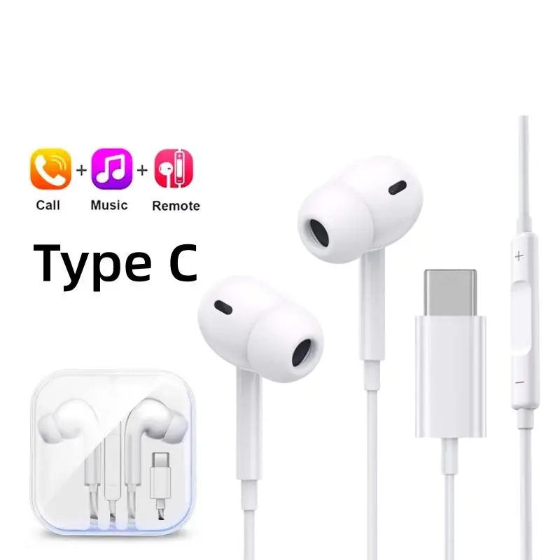 Original Wired Earphones For Apple iPhone 17 Pro Max16 15 14 13 12 11 Mini USB C Headphones Type C With Microphone Stereo Earbud