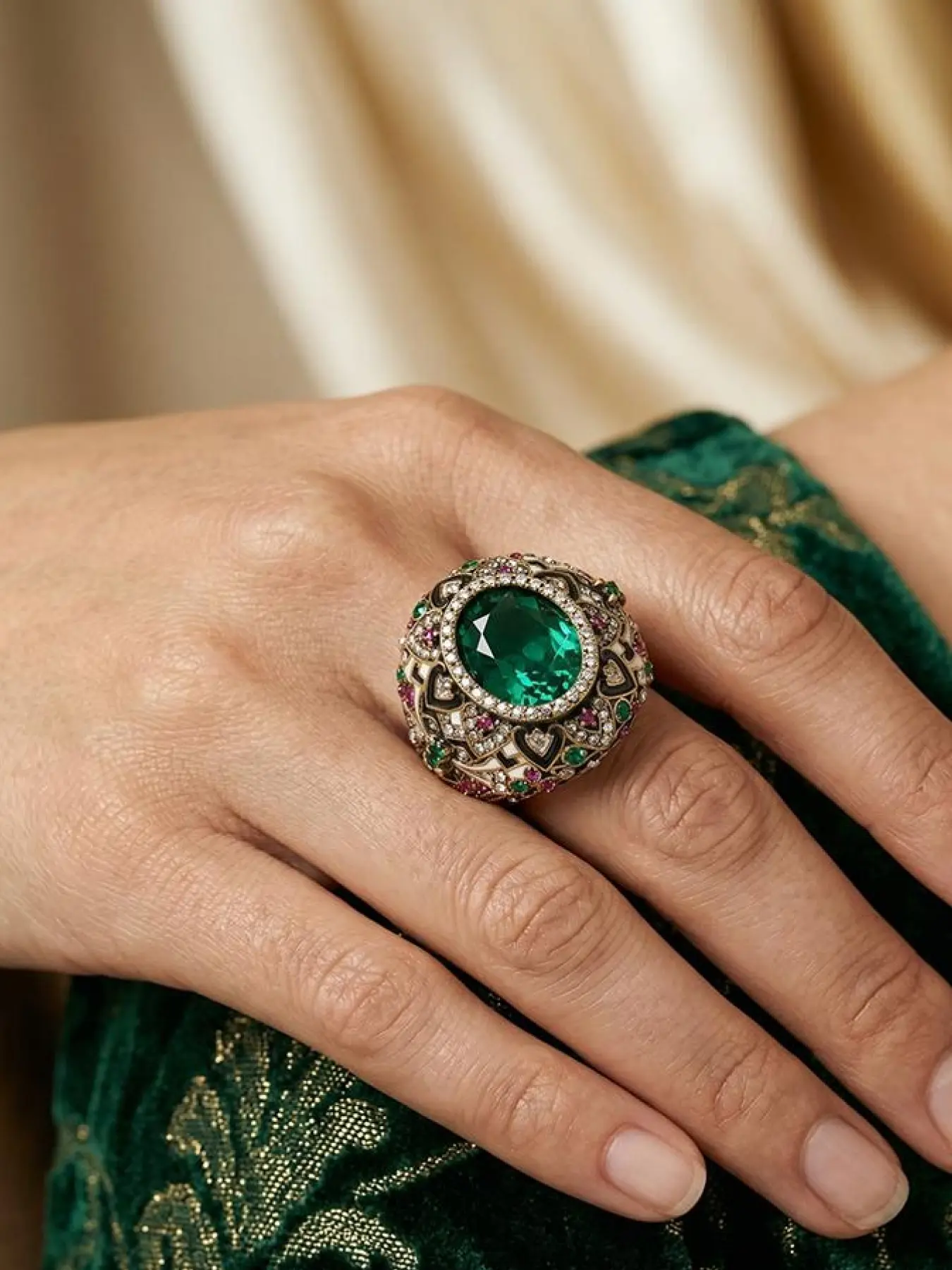 A vintage antique gold court style ring, featuring large emerald as the main stone, paired with colorful gemstones and enamel carvings, suitable for dinners, parties, or vintage outfits.