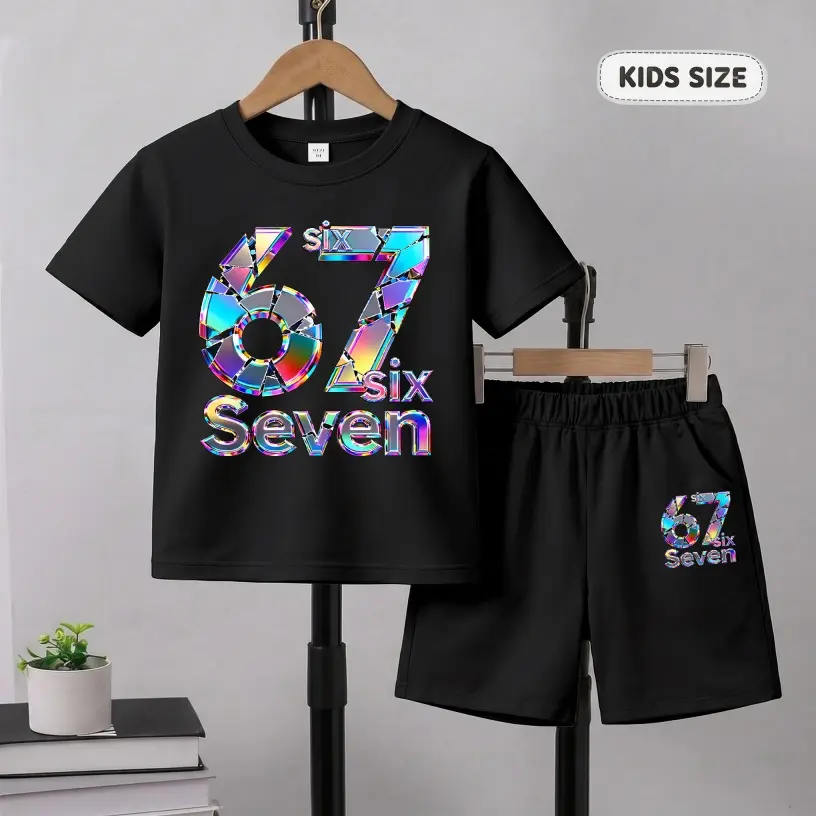 Boys’ Laser-Effect Six Seven Printed Design Short Sleeve T-Shirt And Shorts Set, Casual Kids Summer Outfit, Comfortable Crew Neck Clothing Set For Daily Wear And Outdoor Play