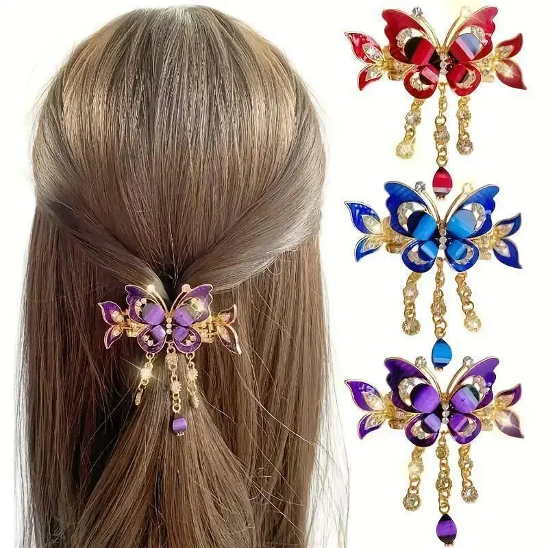 3PCS Boho Butterfly Tassel Hair Clips for Women, Rhinestone Fairycore Hair Accessories with Vintage Gold Finish, Elegant Hair Pins for Buns, Ponytails, Festival Hairstyles & Coquette Outfit Styling