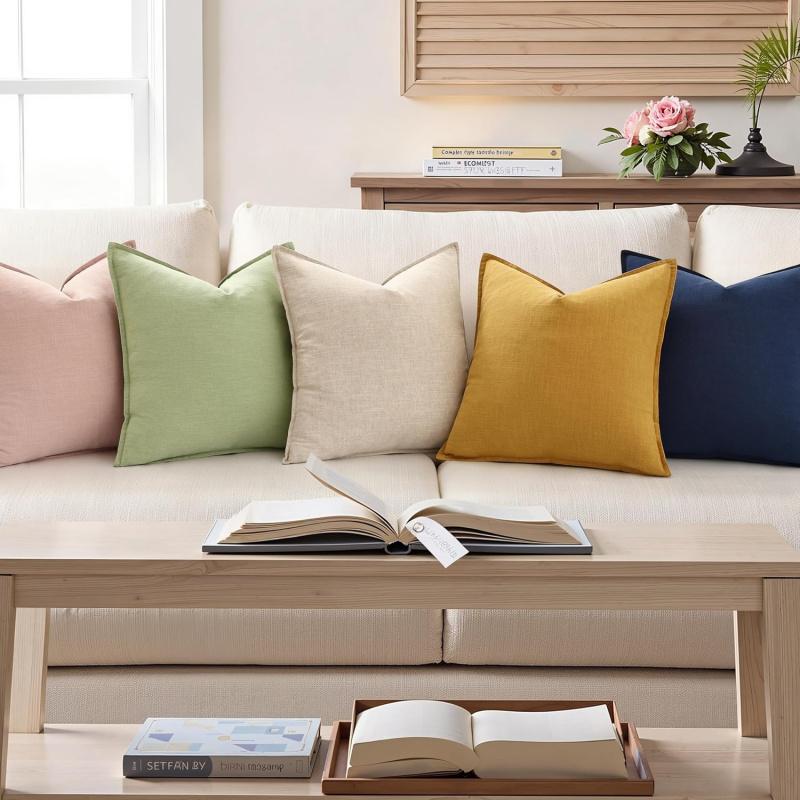 Spring Decorative Linen Throw   20x20 Inch Set of 2 Natural Beige   with Flange Edges Soft Farmhouse Boho Accent  Cases for Couch Bed Living Room Pillow Covers