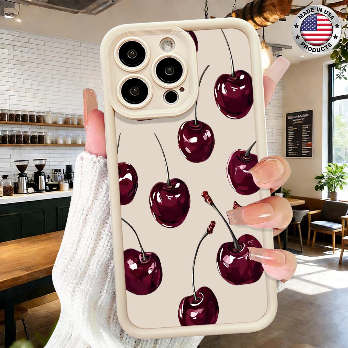 Cute Cherry Fruit Pattern Aesthetic Case for iPhone 17 16 15 14 Pro Max 13 12 11 XR XS Plus Air Slim Lightweight Shockproof Anti Drop Protective Durable TPU Cover
