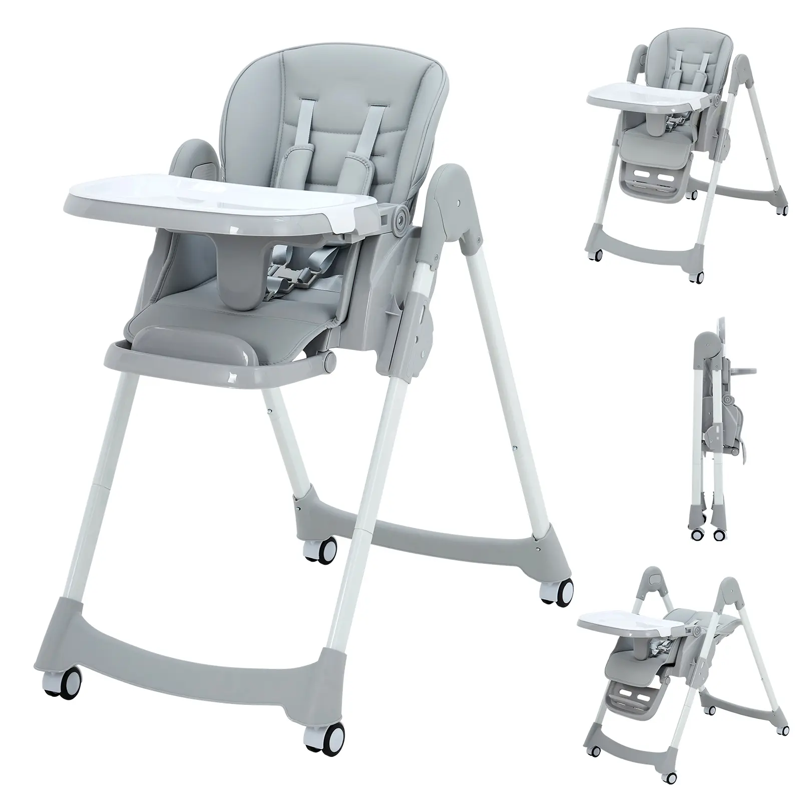 Foldable High Chair for Babies & Toddlers, PU Leather Highchair with Adjustable Backrest, Footrest, Seat Height, Removable Tray, 5-Point Safety Harness, Light Grey/Dark Grey – Ideal for Feeding & Gifts