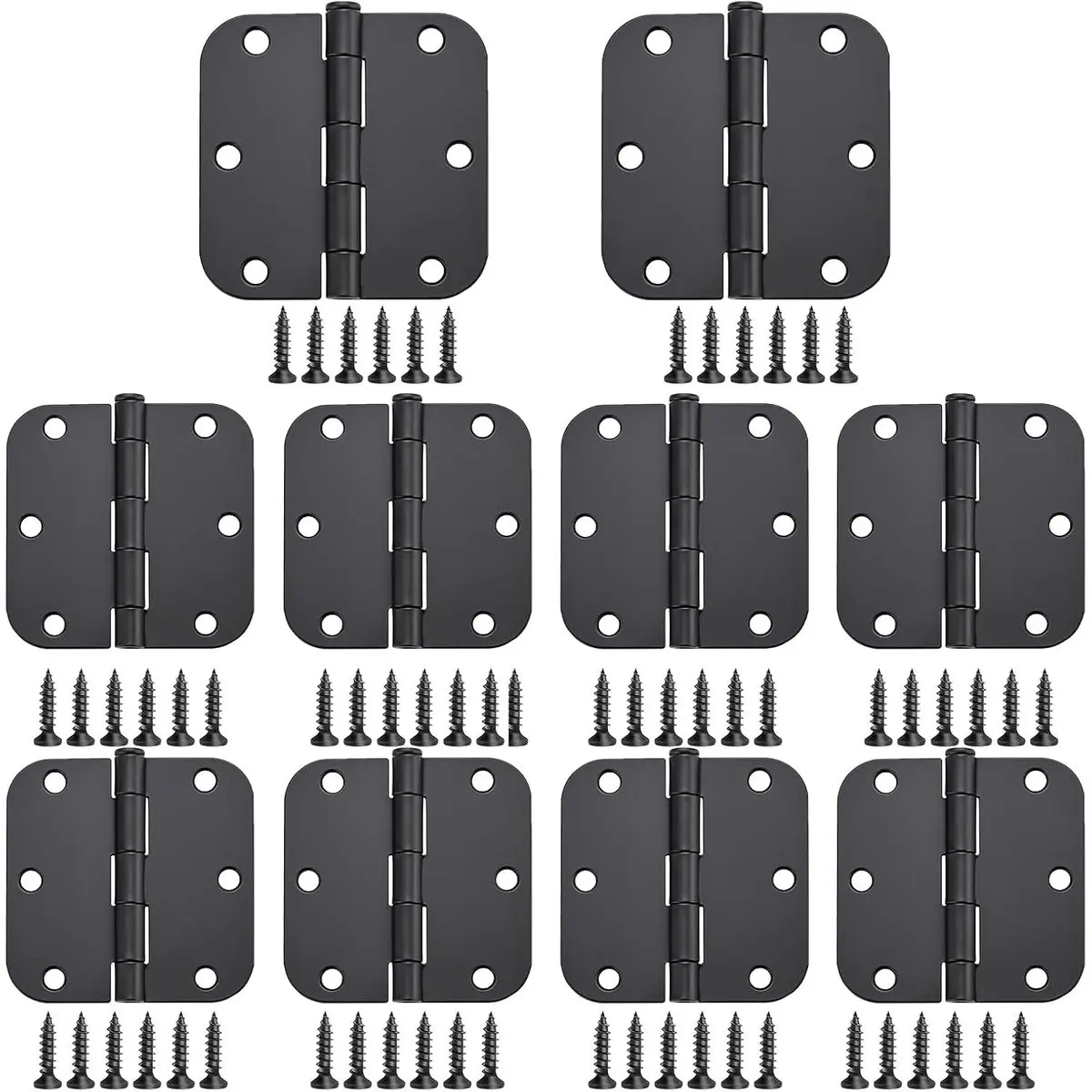 Matte Black Door Hinges 10 Pack, 3x3 Inch Interior Door Hinges, Rounded 5/8" Radius Corners, Iron Round Hinge Hardware for DIY Home Repair, for Hardware Replacement and DIY Repair