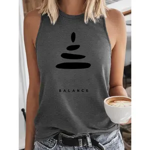 Retro Yoga Theme Balance Stone Pile BALANCE Print Women'S Tank Top Spring Summer American Casual Sleeveless Top Comfortable Breathable Round Neck Sleeveless T-Shirt Individual Daily Wear Women'S Size S-XXL