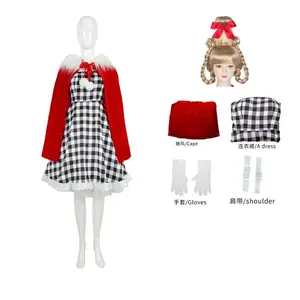 Cindy Lou Who Cosplay Costume Red Hood Cloak Plaid Dress Green Braid Wig Christmas for Women Girls stage performance clothing