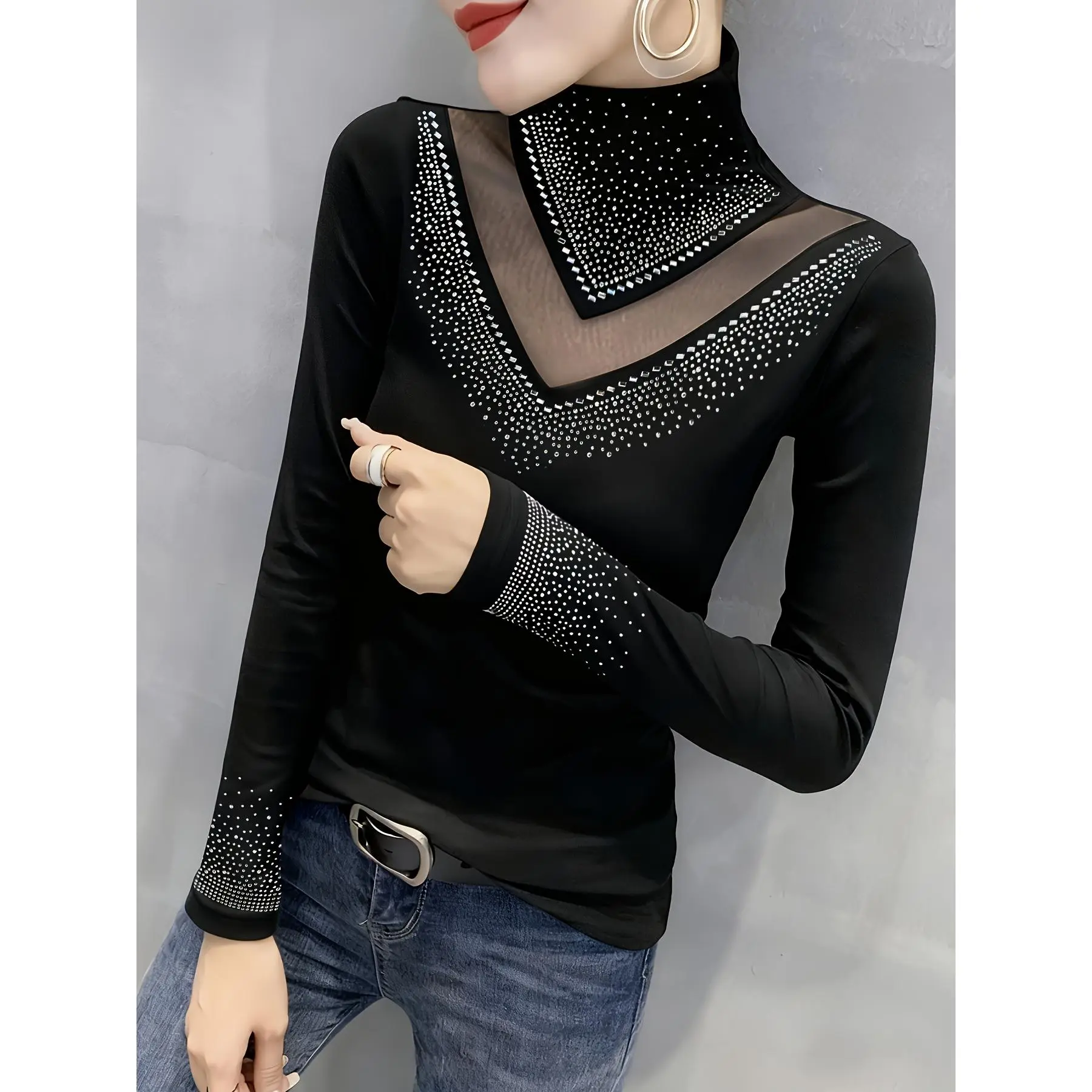 Women's Solid Color Mesh Patchwork Sexy Cut-Out Rhinestone Embellished Long Sleeve High Neck Pullover Base Layer T-Shirt Top