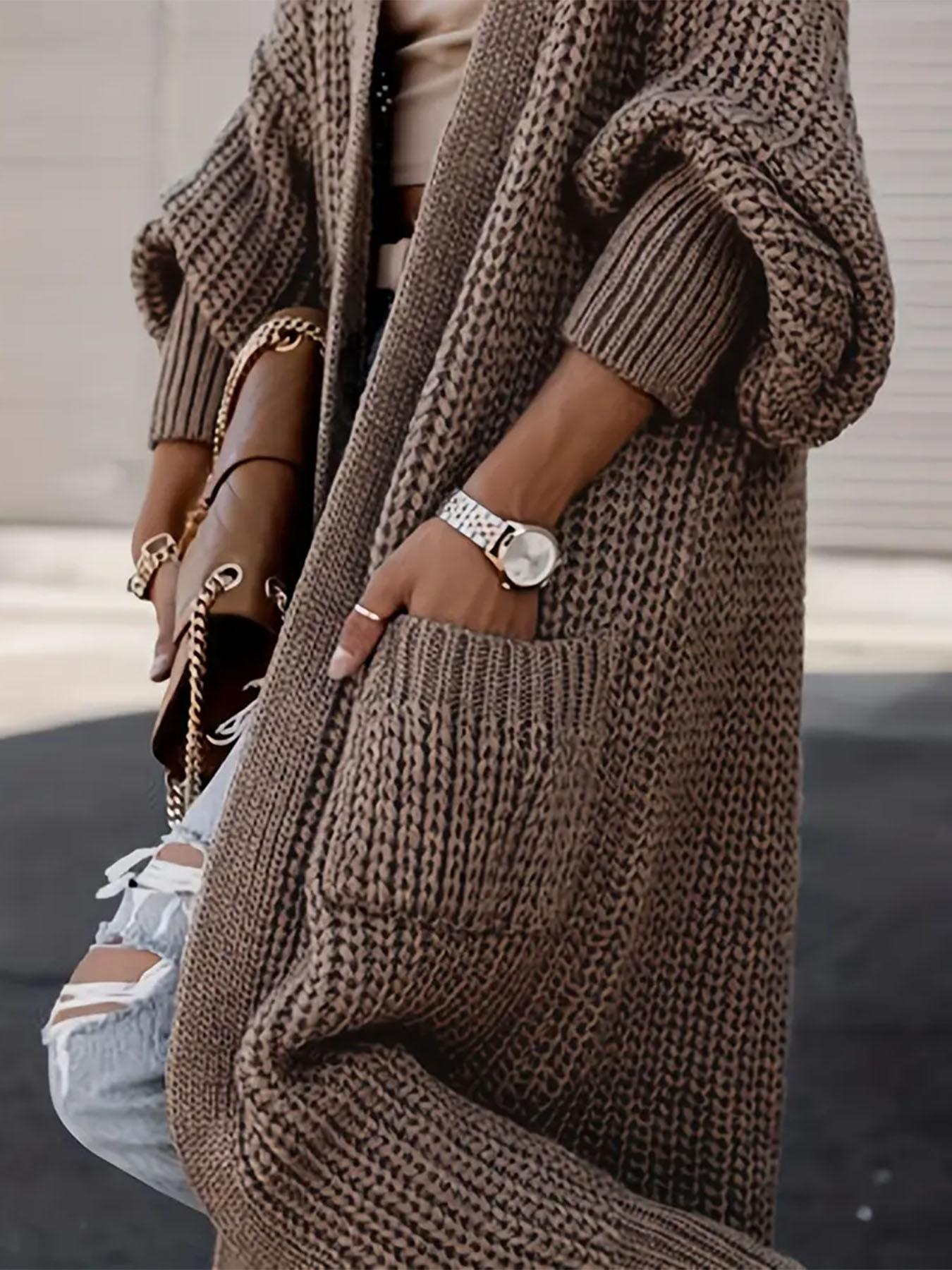 Women's Solid Drop Shoulder Pocket Cardigan, Casual Long Sleeve Open Front Knitwear for Fall & Winter, Women's Plus Clothing for Daily Wear, Sweater, Womenswear, Everyday, Fabric