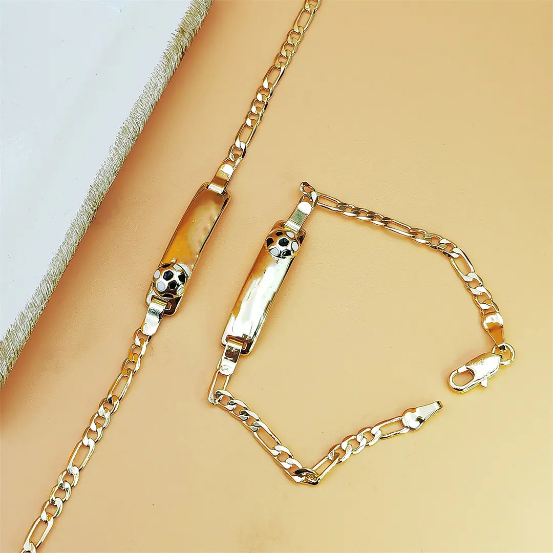 14K Gold Plated Enamel Soccer Ball Bar Bracelet Blank Engraving Figaro Chain Adjustable Kids Wrist Jewelry Cute Cartoon Gift For Girls Best Friends
