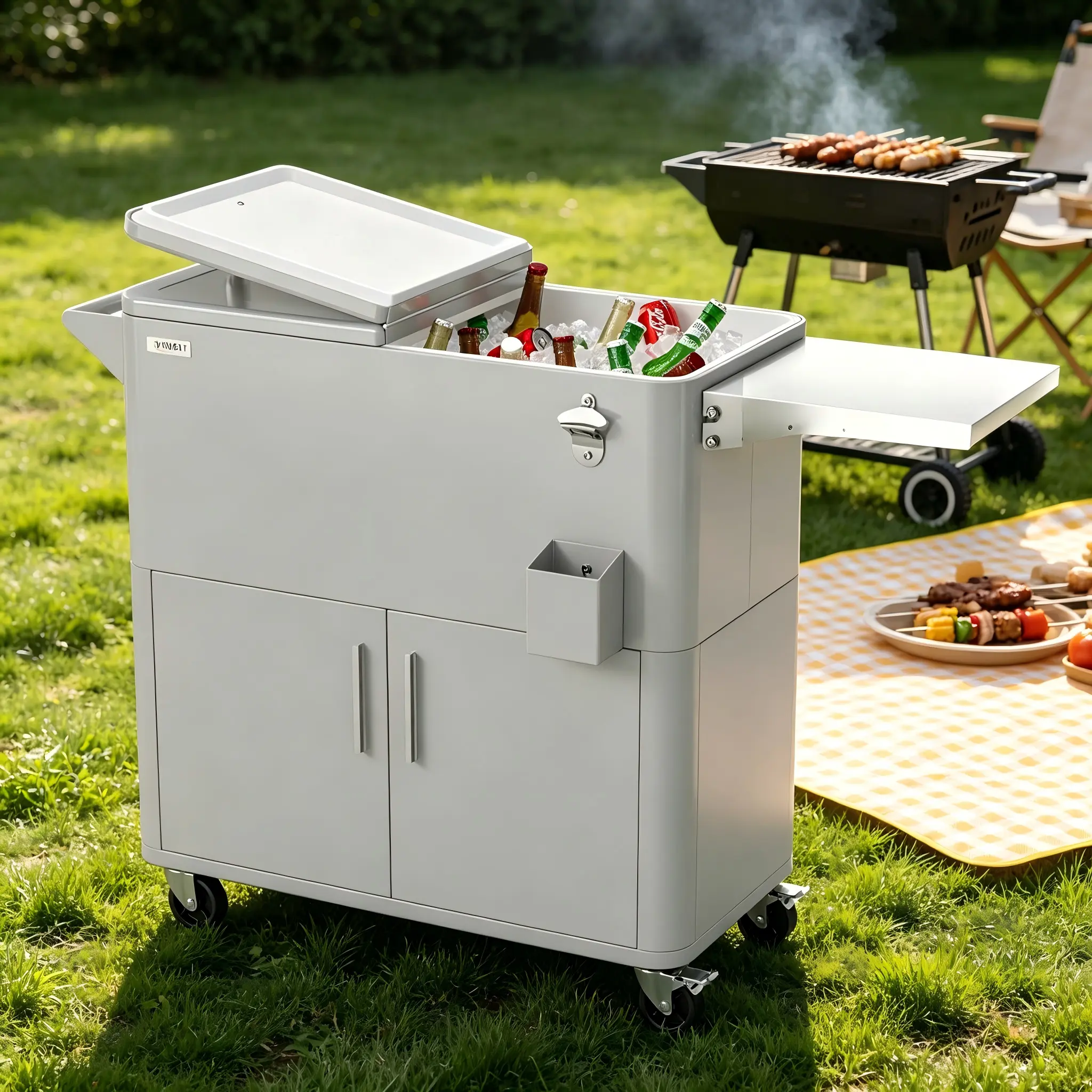 Large 80 Qt Rolling Cooler Cart - Light Grey 430 Stainless Steel Plastic Insulated Beverage Cooler with Lockable Wheels, Storage Cabinet, Bottle Opener, Washable Drain Plug, Functional for Backyard Picnic, Outdoor Events, Camp Kitchen