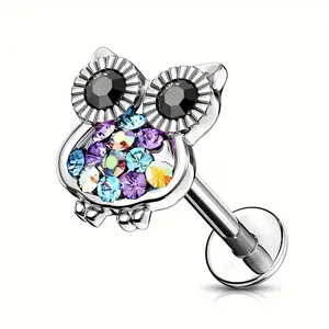 316 Stainless Steel Internally Threaded Labret Ear Stud Earrings - Multi-Color Gemmed Owl Top, Cartilage Jewelry, Septum Ring, Statement Stud Earrings