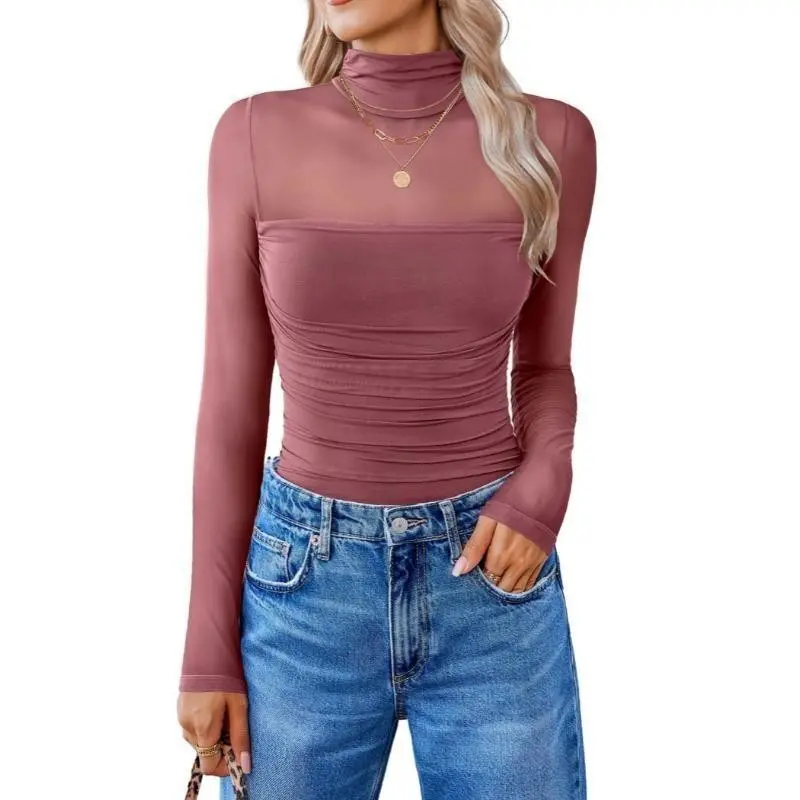 Women's Stretchy Nylon Spandex Long Sleeve Turtleneck Bodysuit Beige White Mesh Panel Ruched Slim Form Fitting Casual Sexy Shapewear Top