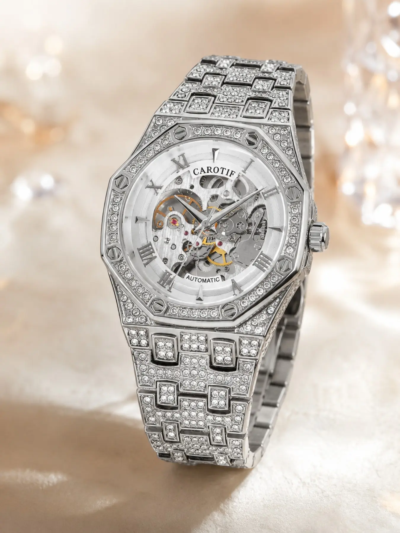 Octagonal Hollow Automatic Mechanical Watch, Elegant Roman Numerals, Transparent Dial, Alloy Strap, Perfect for All Occasions