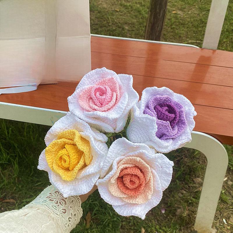 DIY Crochet Rose Bouquet Kit - Handmade Woven Flower Making Set, Complete Materials for Knitted Floral Arrangement