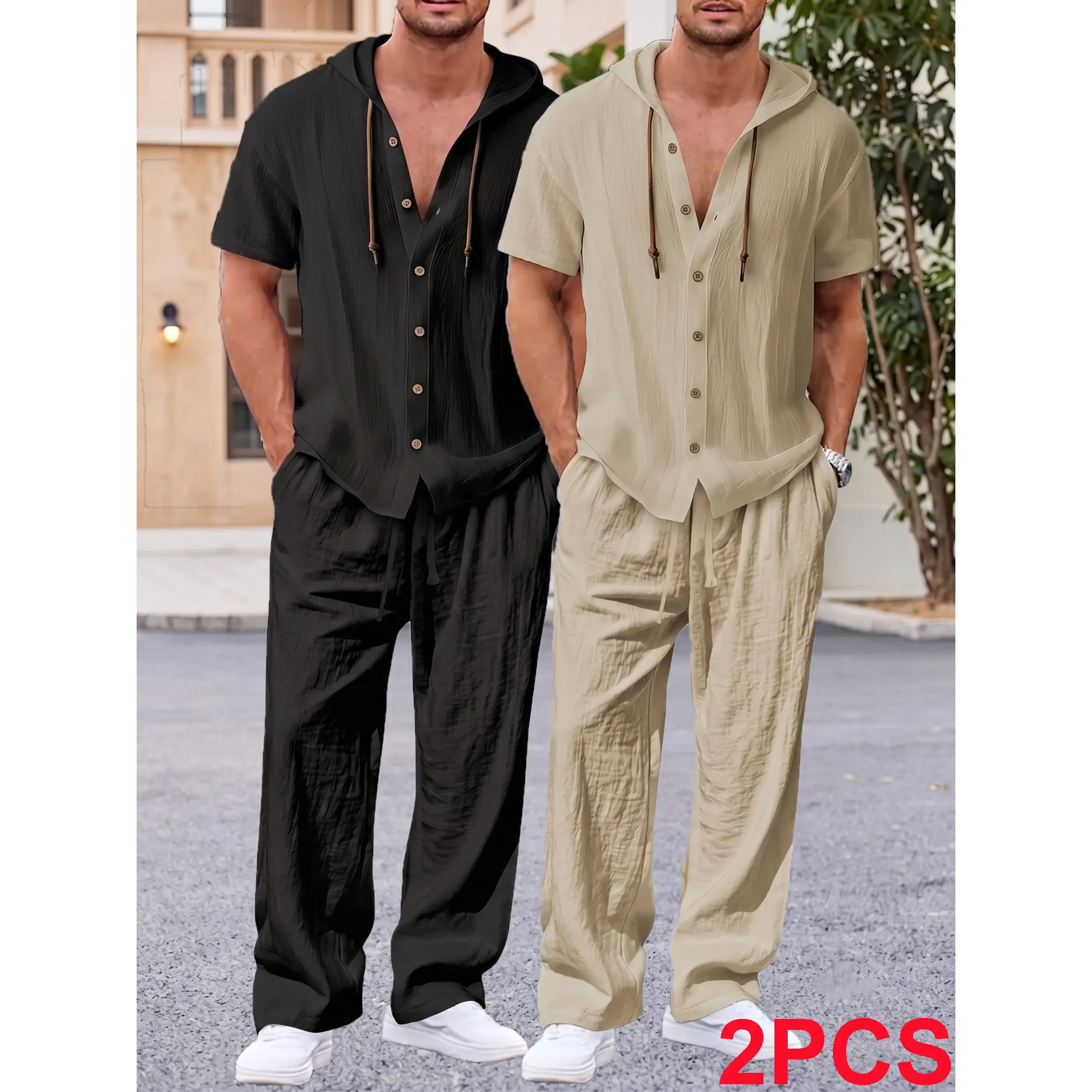 Men's two-piece summer linen suit: short-sleeved button-down hooded shirt paired with stretch drawstring straight-leg trousers; casual beach vacation set for summer travel.