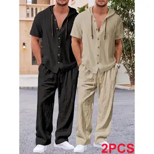 Men's two-piece summer linen suit: short-sleeved button-down hooded shirt paired with stretch drawstring straight-leg trousers; casual beach vacation set for summer travel.