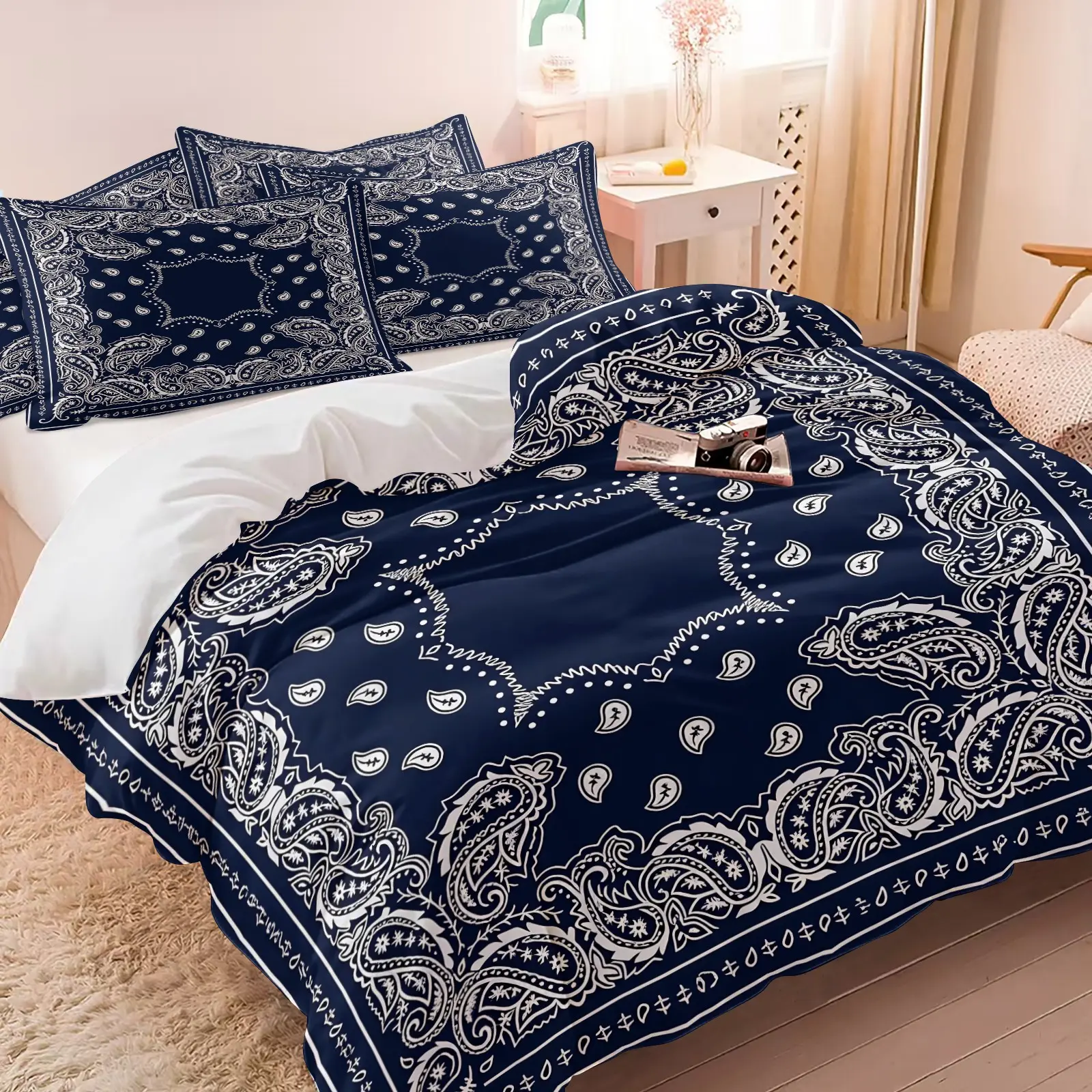 Navy Blue Square Border Paisley Bandana Duvet Cover Set (1 Duvet Cover + 1-2 Pillowcases), Soft Skin Friendly Breathable Bed Linen, Retro Square Paisley Pattern with HD Digital Printing Bedding, Vintage Aesthetic Bedroom Home Decor for All Season Use