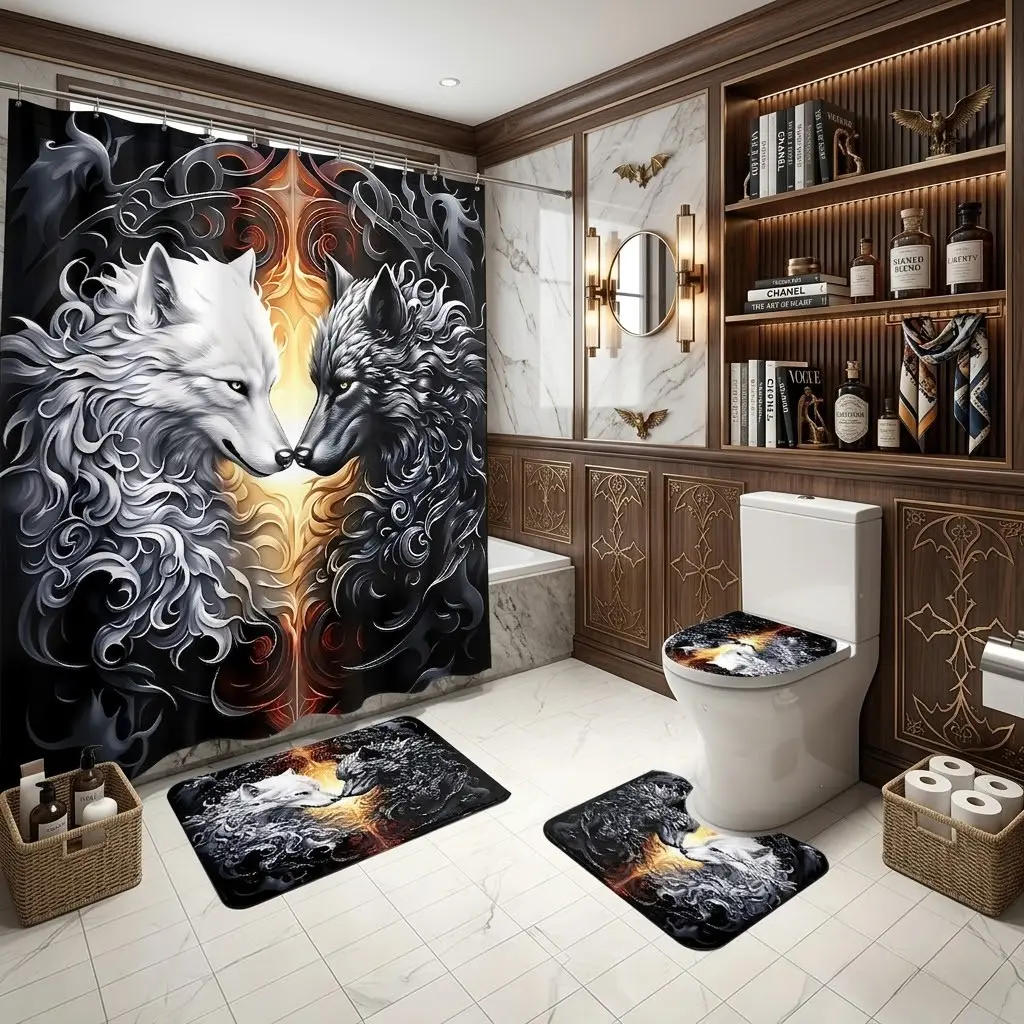 4pcs Yin Yang Wolf Shower Curtain Set, Gothic Wild Animal Art, Mystical Halloween Decor,The floor mat fabric is thicker and softer!  Retro Style, Bath Curtains Shower, Bathroom Accessories