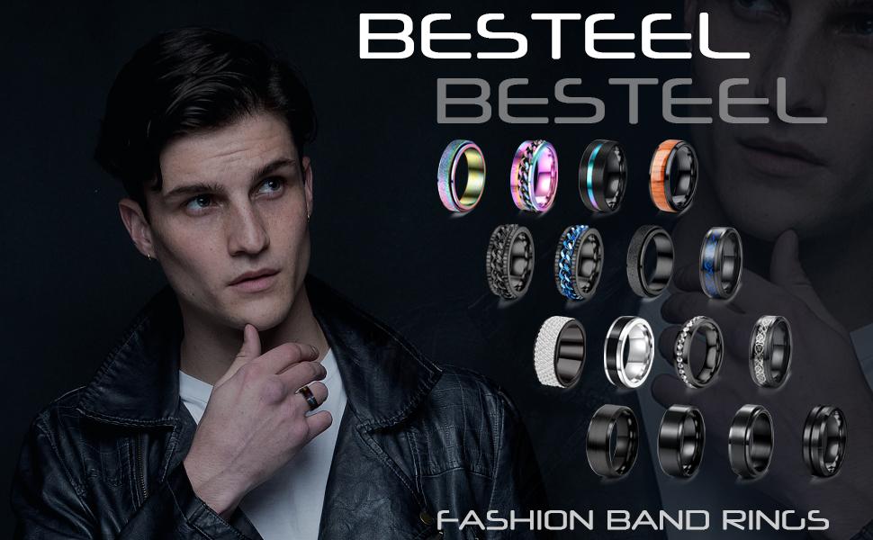 Besteel 16Pcs Stainless Steel Band Rings for Men Women Fidget Anxiety Relief Rings Cool Chain Beveled Edges Celtic Black Band Spinner Rings Set for Wedding Promise Mens Rings Pack Gift Jewelry