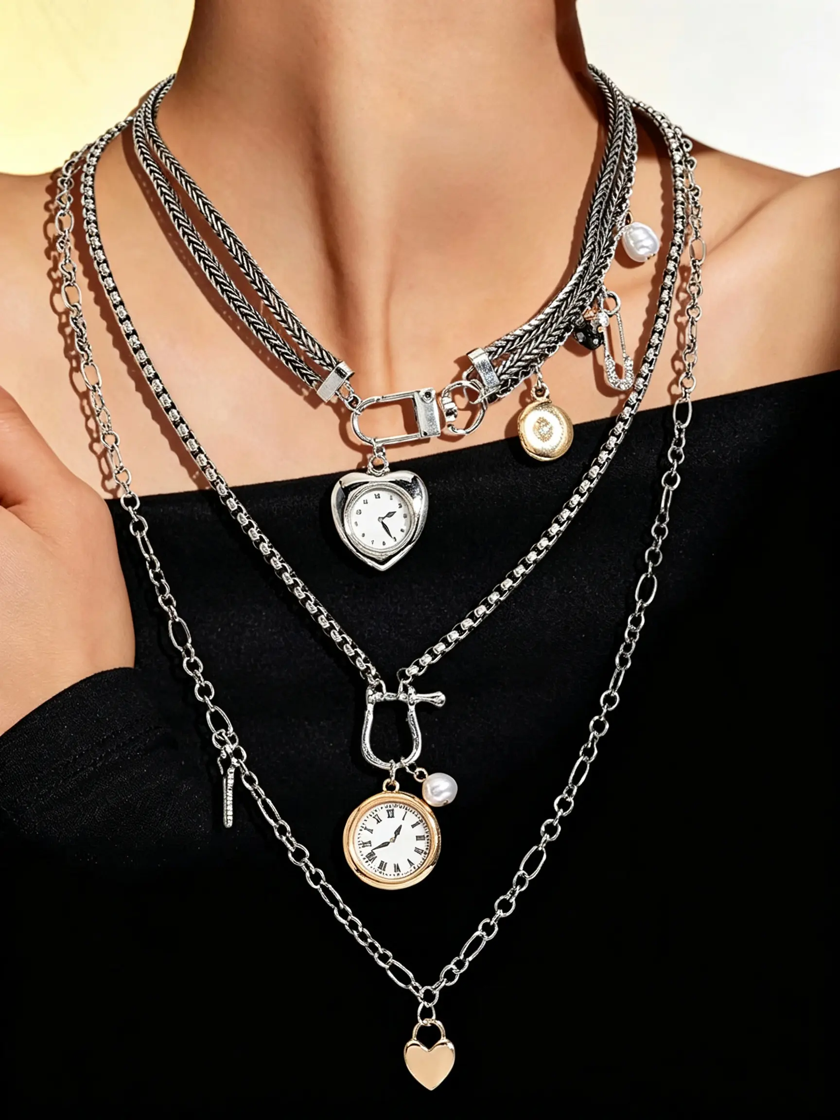 Eye-catching 3-in-1 Layered Necklaces, Luxury Retro Watch & Heart Charm Jewelry, Multi-Style Mixed Chain Stackable Neckwear, Statement Evening Party Jewelry, Pearl Safety Pin Pendants, Club Wedding Outfit Accessories, Trendy Gothic Ornaments for Ladies