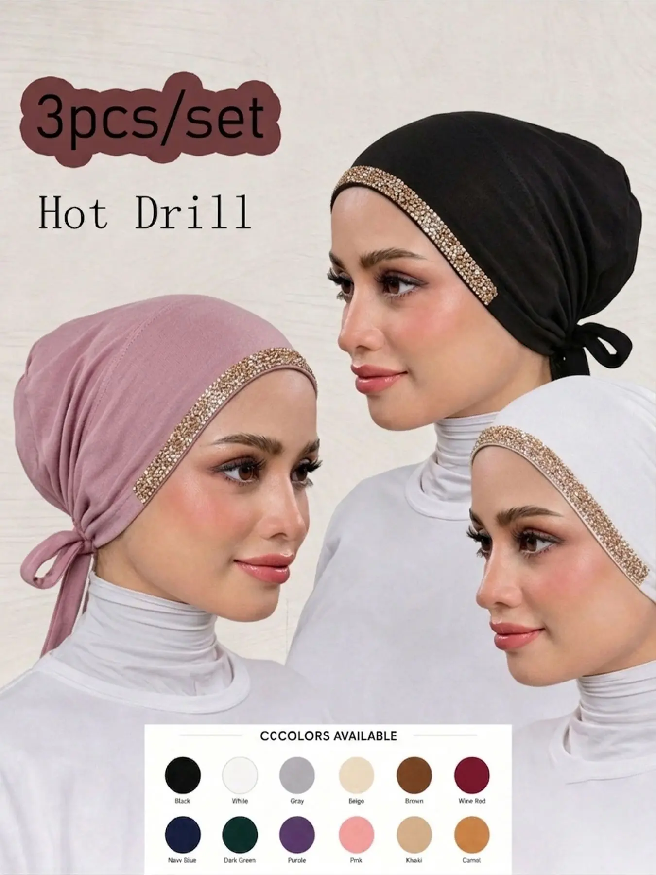 Women's 3-Piece High Elasticity Strap Hats, Modal Lined with Rhinestones, Lightweight Soft Fabric for Daily Wear, Elegant and Luxurious Look