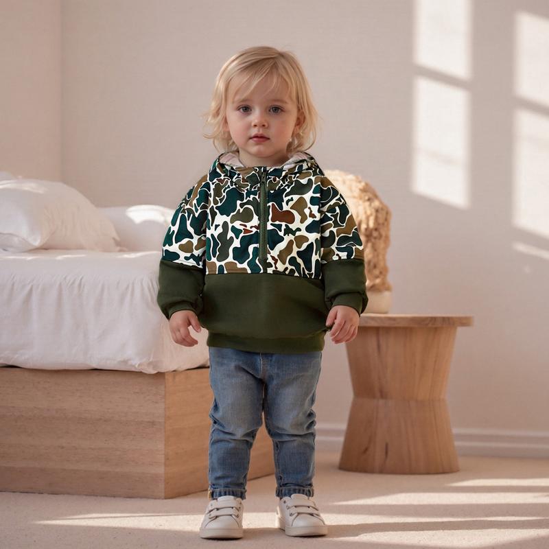 Infant Toddler Baby Girl Boy Camo Hoodie Outfit Half Zipper Long Sleeve Hooded Sweatshirt Casual Pullover Little Kids Hunting Clothes