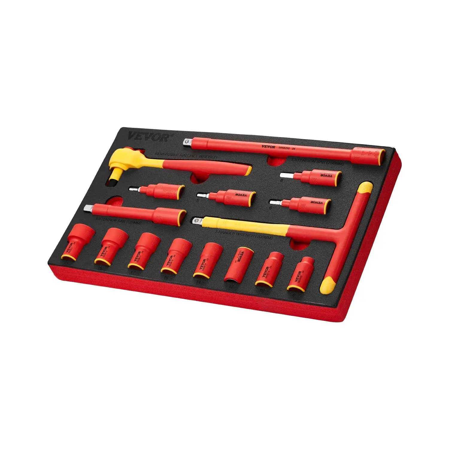 VEVOR 16-Piece 1000V Insulated Tool Set, Including Sockets, T-Handle Wrench, Ratchet Drive, Extensions, for Electricians Home Repair