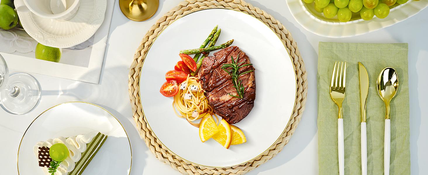 350 Pieces White Gold Plastic Dinnerware Set, Gold Disposable Plates for Party, Graduation, Include 100 White Plates with 150 Plastic Cutlery, 50 Napkins and 50 Cups