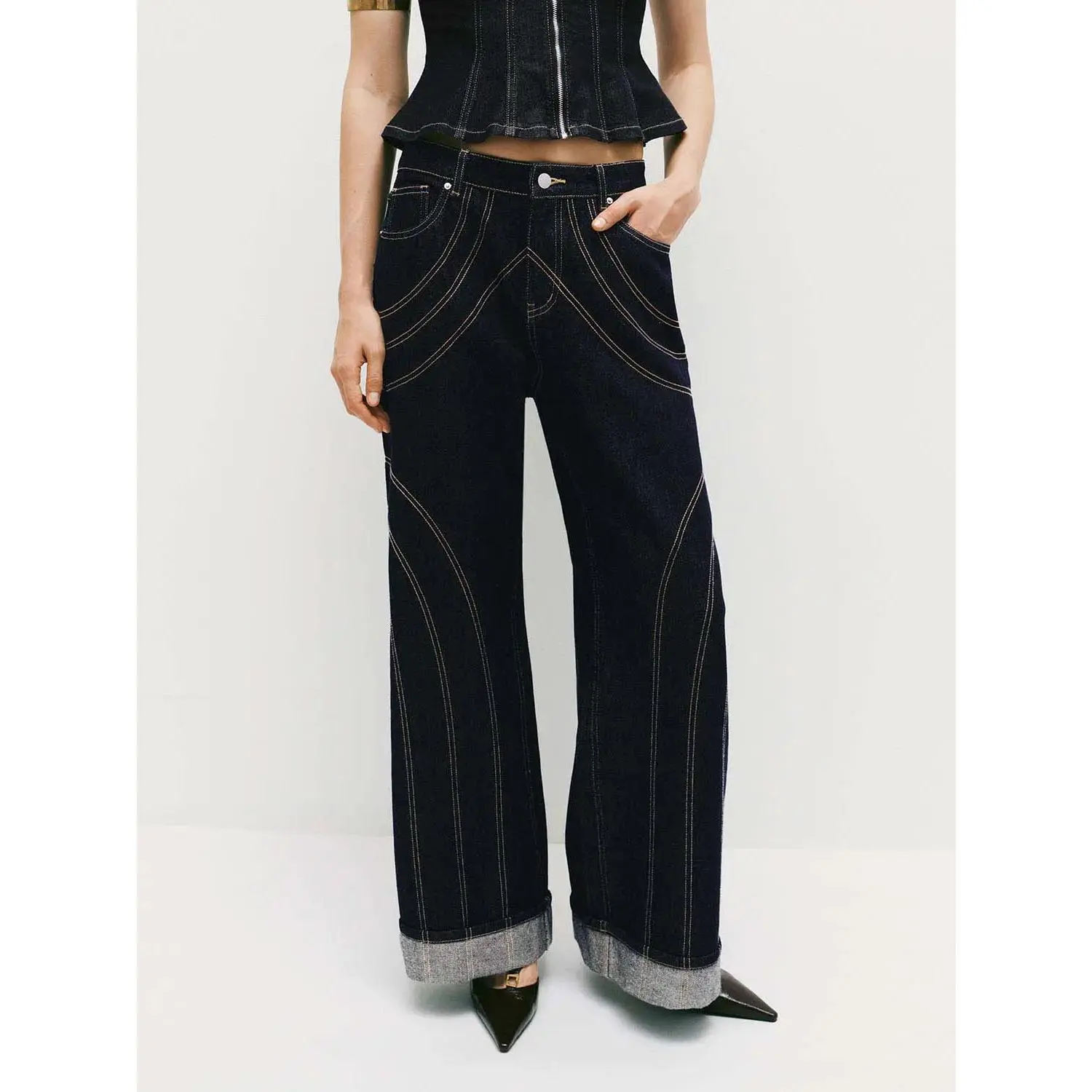 URBAN REVIVO Cotton Denim Wide-Leg Jeans With Arc Topstitching Panels And Rolled Cuffs For Subtle Texture Jeans